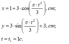 По заданным уравнениям движения точки М установить вид её траектории и для момента t=t<sub>1</sub>(c) найти положение точки на траектории, её скорость, полное, касательное и нормальное ускорения, а также радиус кривизны траектории (задача К - 1 вариант 18) <br /> x = 1 + 3cos((π·t<sup>2</sup>)/3) см <br /> y = 3sin((πt<sup>2</sup>)/3) + 3 см <br />  t = t<sub>1</sub> = 1 с