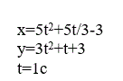 По заданным уравнениям движения точки М установить вид её траектории и для момента t=t<sub>1</sub>(c) найти положение точки на траектории, её скорость, полное, касательное и нормальное ускорения, а также радиус кривизны траектории (задача К - 1 вариант 29) <br />  x = 5t<sup>2</sup> + (5t/3) - 3, y = 3t<sup>2</sup> + t + 3, t = 1 c 