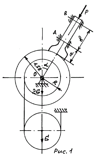 Дано: G = 1,1 кН,  a = 0,1 м, b = 0,15 м,  α = 30°, f<sub>сц</sub> = 0,15. Определить минимальное значение силы Р и реакции опор О, А, В системы, находящейся в покое. <br /> Сцепление (трение покоя) учесть только  между тормозной колодкой и барабаном (задача С-5, вариант 2)