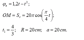 По заданным уравнениям относительного движения точки М и переносного  движения тела D определить для момента времени t=t<sub>1</sub> абсолютную скорость и абсолютное ускорение точки M. <br />  Исходные данные: <br /> φ<sub>в</sub> = 1,2t - t<sup>2</sup> <br /> OM = S<sub>r</sub>= 20πcos((π/4)t) <br /> t<sub>1</sub> = 4/3, R = 20 см, а = 20 см <br /> (задача К-7, вариант 10)