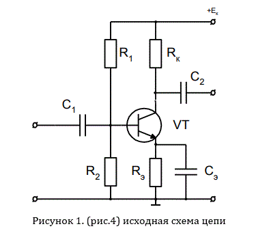 <b>Задача 31. </b>Схемы усилительных каскадов приведены на рисунках 1 – 4. Исходные данные для расчета заданы в таблицах 5. Входные и выходные характеристики транзисторов приведены в Приложении А. При расчете каскадов с Rэ его величину принять равной 0.1Rк. Для каскадов с делителем R1 и R2 ток делителя принять 5Iбп. Конденсаторы не рассчитывать. <br />1. Начертить схему усилительного каскада с учетом заданного типа транзистора. На схеме указать токи и напряжения транзистора, а также Uвх и Uвых., пояснить назначение элементов схемы. <br />2. По заданным в таблице 4 параметрам на характеристиках транзистора нанести точку покоя и построить статическую линию нагрузки. <br />3. Рассчитать величину сопротивлений резисторов, обеспечивающих заданный режим покоя. При расчете учесть, что Iк >> Iб. <br />4. Рассчитать с учетом нагрузки входное и выходное сопротивление каскада, коэффициенты усиления тока, напряжения и мощности.<br />Вариант 4<br /> Дано:<br /> Номер схемы: 4 <br />Тип транзистора: КТ315Б <br />Eк = 15 В; <br />Iкп = 20 мА; <br />Uкэп = 7 В; <br />Rн = 0,5 кОм;