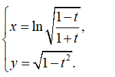 Найти производную y'<sub>x</sub> <br /> x = ln√((1-t)(1 + t)) <br /> y = √(1 - t<sup>2</sup>)
