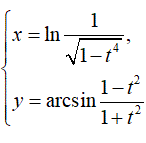 Найти производную y'<sub>x </sub> <br /> x = ln(1/√(1- t<sup>4</sup>)) <br /> y = arcsin(1 - t<sup>2</sup>)(1 + t<sup>2</sup>)