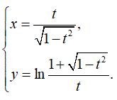 Найти производную y'<sub>x </sub> <br /> x = t/(√(1 - t<sup>2</sup>)) <br /> y = ln(1 + √(1 - t<sup>2</sup>))/t 