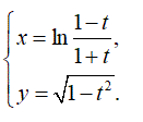 Найти производную y'<sub>x </sub><br /> x = ln((1-t)/(1 + t)) <br /> y = √(1 - t<sup>2</sup>)