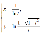 Найти производную y'<sub>x </sub> <br /> x = 1/ln(t) <br /> y = ln((1 + √(1 - t<sup>2</sup>))/t)