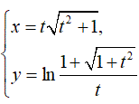 Найти производную y'<sub>x </sub> <br /> x = t·√(t<sup>2</sup> + 1) <br /> y = ln((1 + √(1 + t<sup>2</sup>))/t)