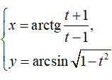 Найти производную y'<sub>x </sub> <br /> x = arctg((t + 1)/(t-1)) <br /> y = arcsin√(1 - t<sup>2</sup>)