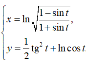 Найти производную y'<sub>x </sub> <br /> x = ln(√(1-sin(t))/(1 + sin(t))) <br /> y = 1/2(tg<sup>2</sup>(t)) + ln(cos(t))
