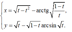 Найти производную y'<sub>x </sub> <br /> x = √(t - t<sup>2</sup>) - arctg√((1-t)/t) <br /> y = √t - √(1 - t)arcsin√t