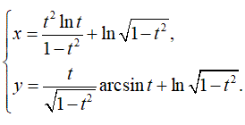 Найти производную <br /> x = ((t<sup>2</sup>ln(t))/(1 - t<sup>2</sup>)) + ln√(1 - t<sup>2</sup>) <br /> y = (t/(√1 - t<sup>2</sup>))arcsin(t) + ln((√1 - t<sup>2</sup>))