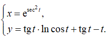 Найти производную y'<sub>x </sub> <br /> x = esec<sup>2</sup>(t) <br /> y = tg(t)·ln(cos(t)) + tg(t) - t