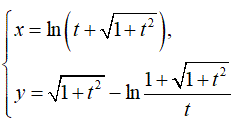 Найти производную y'<sub>x </sub> <br /> x = ln(t + √(1 + t<sup>2</sup>)) <br /> y = √(1 + t<sup>2</sup>) - ln((1 + √(1 + t<sup>2</sup>))/t)