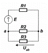 Вычислить ЭДС источника Е.  	<br />Дано:  	<br />U<sub>ab</sub> = 50 В 	<br />R<sub>1</sub> = 5 Ом 	<br />R<sub>2 </sub>= 30 Ом 	<br />R<sub>3</sub> = 40 Ом 	<br />Ввести ответ, округлив до единиц вольт