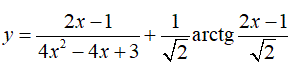 Найти производную <br /> y = ((2x - 1)/(4x<sup>2</sup> - 4x + 3)) + (1/√2)arctg((2x - 1)/√2)