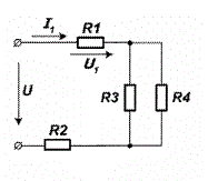 Глава 2. Задача 42. <br />Определить ток I<sub>1</sub>.<br /> Дано: U=70 В<br /> U<sub>1 </sub>= 20 В <br />R<sub>2</sub> = 20 Ом<br /> R<sub>3</sub> = 30 Ом <br />R<sub>4</sub> = 60 Ом <br />Ввести ответ, округлив до сотых ампера