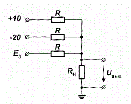 Глава 2. Задача 70. 	<br />Найти ЭДС Е<sub>3</sub> 	<br />Дано: 	<br />R=1000 Ом 	<br />R<sub>н</sub>= 200 Ом 	<br />U<sub>вых</sub> = 10 В 	<br />Ввести ответ, округлив до десятков вольт