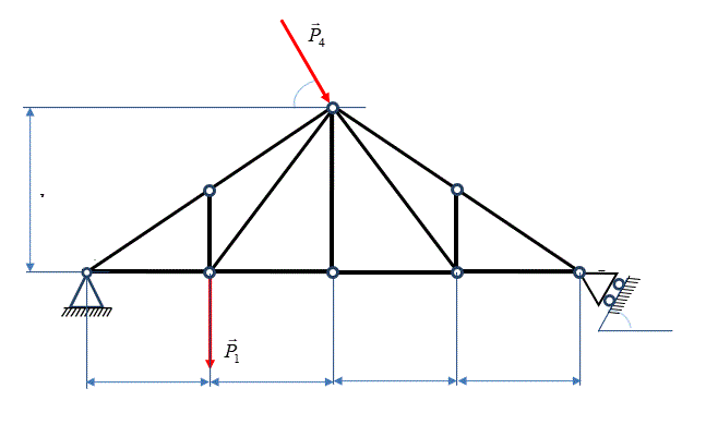 Расчет плоской шарнирной фермы <br /> Дано: Р<sub>1</sub>=30 кН; Р<sub>4</sub>=50 кН;a=0,6 м,b=0,8 м,α=60°