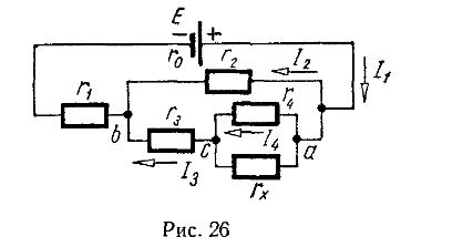 В схеме (рис. 26) найти сопротивление r<sub>x</sub>, если I<sub>1</sub> = 2,6 А, I<sub>3</sub> = 0,6 А, r<sub>1</sub> = 0,5 Ом, r<sub>2</sub> =1,4 Ом, r<sub>3</sub> = 3 Ом, r<sub>4</sub> = 2,5 Ом. Найти э.д.с. батареи E, если ее внутреннее сопротивление r<sub>0</sub> = 0,1 Ом.