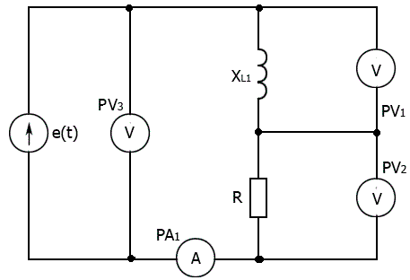 Дано: e(t) = √18 sin⁡(ωt-π/2), R = 6 Ом, X<sub>L1</sub> = 6 Ом. Определить показания приборов. Записать выражения для i(t), u<sub>1</sub>(t). Построить векторную диаграмму. 