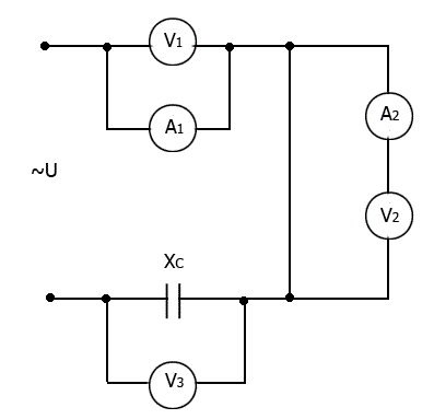 Дано: u =25sin(1000t + 90°), X<sub>C</sub> = 50 Ом. Найдите показания измерительных приборов и постройте векторную диаграмму цепи в масштабе: m<sub>г</sub>  = 0,1 А/см, U<sub>u</sub> = 5 В/см
