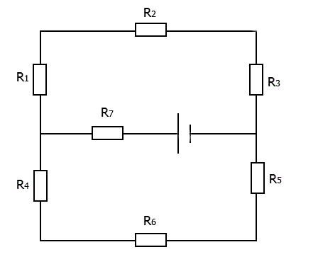 Дано: E = 105 В, R = 5 Ом, R<sub>1</sub> = 15 Ом, R<sub>2</sub> = 5 Ом, R<sub>3</sub> = 20 Ом, R<sub>4</sub> = 12 Ом, R<sub>5</sub> = 20 Ом, R<sub>6</sub> = 8 Ом, R<sub>7</sub> = 10 Ом <br /> Рассчитать электрическую цепь методом "свёртывания ", составить баланс мощностей и определить КПД источника