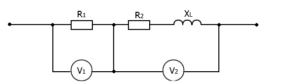 Дано: U<sub>V1</sub> = 80 B, R<sub>1</sub> = 20 Ом, U<sub>V2 </sub>= 60 B, X<sub>L</sub> = 5 Ом <br /> Найти: R<sub>2 </sub>