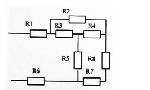 Определите эквивалентное сопротивление схемы R<sub>1</sub> = 15 Ом, R<sub>2</sub> = 2 Ом, R<sub>3</sub> = 15 Ом, R<sub>4</sub> = 60 Ом, R<sub>5</sub> = 44 Ом, R<sub>6</sub> = 25 Ом, R<sub>7</sub> = 30 Ом, R<sub>8</sub> = 45 Ом