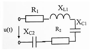 Определить мгновенное значение тока в цепи i(t), если u = 4,23sin(ωt – 90°) В и R<sub>1</sub> = 10 Ом, R<sub>2</sub> = 6 Ом, X<sub>L1</sub> = 6 Ом, X<sub>С1</sub> = 14 Ом, X<sub>С2</sub> = 4 Ом  