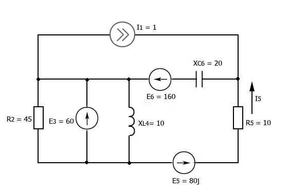 Рассчитать токи в ветвях методом контурных токов, составить уравнения по методу узловых потенциалов. Определить ток через R5 методом эквивалентного генератора