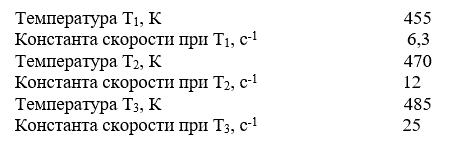 Определить энергию активации окисления сернистого газа в серный ангидрид на различных катализаторах, пользуясь уравнением Аррениуса. <br /> Температура Т<sub>1</sub>, К   - 455 <br /> Константа скорости при Т<sub>1</sub>, с-1  -  6,3 <br /> Температура Т<sub>2</sub>, К  - 470 <br /> Константа скорости при Т<sub>2</sub>, с<sup>-1</sup>   -12 <br /> Температура Т<sub>3</sub>, К    - 485 <br /> Константа скорости при Т3, с<sup>-1                        </sup>-       25