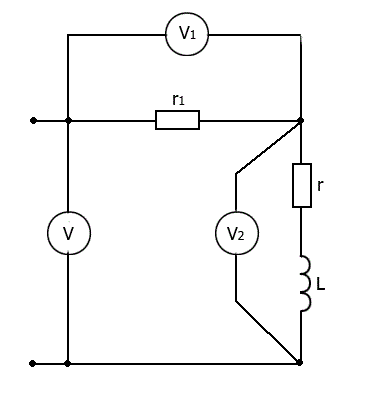 Показания вольтметров: U = 100√3, U<sub>1</sub> = U<sub>2</sub> = 100 B, сопротивление r<sub>1</sub> = 50 Ом. Определить r и X<sub>L</sub>