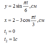 Дано: <br /> y = 2sin(πt/6) см <br /> x = 2 - 3cos(πt/3) см <br /> t<sub>1</sub> = 0, t<sub>2</sub> = 1 c  <br /> Точка движется а плоскости oxy. Уравнение движения точки задано координатами: x = x(t), y = y(t), где x и y в сантиметрах, t - в секундах. Уравнение y = y(t) дано в таблице 1 - номер варианта соответствует сумме трех последних цифр номера зачетной книжки (г + д + е). Уравнение x = x(t) дано в таблице 2, где номер столбца выбирается в соответствии с номером варианта, а номер строки соответствует последней цифре номера зачетной книжки (е). <br /> Требуется: <br /> - записать уравнение траектории в декартовой системе координат: y = y(x); <br /> - построить траекторию; <br /> - определить положение точки на траектории в начальный момент времени t = 0 c, направление движения точки по траектории, положение точки на траектории через t = 1 c  <br /> - вычислить вектор скорости u и вектор ускорения а точки для t = 0 и t = 1 c <br /> - задать движение точки естественным способом: s = s(t)  <br /> - вычислить нормальную и касательную составляющие ускорения точки для t = 0 и t = 1 c геометрически и аналитически <br /> - вычислить радиус кривизны для t = 0 и t = 1 c<br /> Функциональные зависимости y = y(t), x= x(t) заданы в таблицах 2.1(а) и 2.2.(б) соответственно 