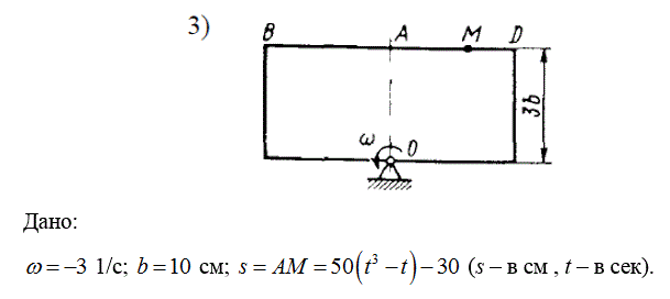 <b>Задача К3.</b> Прямоугольная пластина вращается вокруг неподвижной оси с постоянной угловой скоростью ω. Ось вращения перпендикулярна плоскости пластины и проходит через точку О (пластина вращается в своей плоскости). <br />По пластине вдоль прямой BD движется точка М. Закон ее относительного движения  s=AM=f(t) (s – в см , t – в сек) задан в таблице. Точка М показана в положении, при котором s=AM>  (при s<0  точка М находится по другую сторону от точки А). <br />Определить абсолютную скорость и абсолютное ускорение точки М в момент времени  t1 = 1 с.