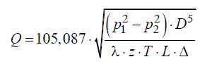 Обработка результатов экспериментов <br /> Номер варианта N =11, группа 2. <br /> Требуется определить количество экспериментов, достаточное для расчёта пропускной способности участка МГ с точностью треб dQ<sub>треб</sub>  = 1+ 0,07·N =1+ 0,07·11=1,77%. Пропускная способность участка определяется из следующего уравнения: <br />  Входящие в уравнение параметры определяются со следующей точностью:<br />  - давление Δp = 0,1+ 0,001· N = 0,1+ 0,001·11± 0,111МПа ; <br /> - диаметр труб dD = 0,01%; <br /> - температура dT = 0,2%; <br /> - коэффициент гидравлического сопротивления dλ = 2 - 0,03· N =  2 - 0,03·11=1,67%; <br /> - коэффициент сжимаемости газа dz = 0,5- 0,01·N =  0,5- 0,01·11= 0,39%. <br /> Точностью определения остальных параметров пренебречь. <br /> Для 2 группы значения давления в начале и в конце участка соответственно равны p<sub>1</sub> = 5,5МПа и p<sub>2</sub> = 3,0МПа .