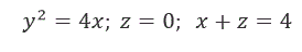 Вычислить объем тела, ограниченного заданными поверхностями.  Сделать чертеж. <br /> y<sup>2</sup>=4x;  z=0;  x+z=4