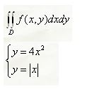 В двойном интеграле расставить пределы интегрирования двумя способами. Вычислить площадь фигуры, образованной, указанными кривыми. <br /> y = 4x<sup>2</sup>, y = |x|