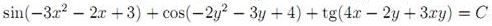 Вычислить производную y'<sub>x</sub> неявной функции<br />  sin(-3x<sup>2</sup> - 2x + 3) + cos(-2y<sup>2</sup> - 3y + 4) + tg(4x - 2y + 3xy) = С в точке (3;3)