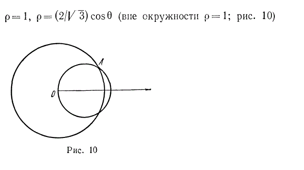Вычислить площадь фигуры, ограниченной окружностями ρ = 1, ρ = (2/√3)cosθ (вне окружности ρ = 1)