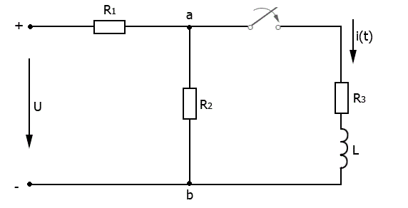 Дано: R<sub>1</sub> = R<sub>2</sub> = R<sub>3 </sub>= 10 Ом, L = 0,1 Гн. Определить закон изменения переходного тока i(t), построить график.