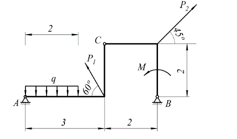 Дано: P<sub>1</sub>=5 кН; P<sub>2</sub>=14 кН; q=4 кН/м; M=9 кН∙м. <br /> Определение реакций опор составной конструкции <br /> Для составной конструкции ABC определить реакции опор A и B, возникающие под действием сосредоточенных сил P<sub>1</sub> и P<sub>2</sub>, алгебраического момента пары сил M и равномерно распределенной нагрузки интенсивностью q.