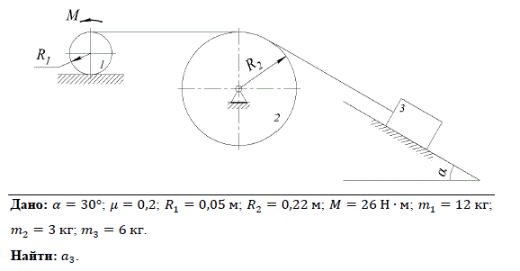 Определение ускорения движения центра масс груза <br /> Дано: α=30°; μ=0,2; R<sub>1</sub> =0,05 м; R<sub>2</sub> =0,22 м; M=26 Н∙м; m<sub>1</sub>=12 кг; m<sub>2</sub>=3 кг; m<sub>3</sub>=6 кг. <br /> Каток 1 массой m<sub>1</sub>, на который намотан нерастяжимый канат, катится без скольжения по горизонтальной плоскости из состояния покоя под действием момента M пары сил и поднимает канатом, перекинутым через блок 2 массой m<sub>2</sub>, груз 3 массой m<sub>3</sub> по наклонной плоскости, образующей угол α с горизонтом. Пренебрегая трением качения катка с плоскостью и проскальзыванием нити относительно блока и катка, найти ускорение движения центра масс груза. Принять, что каток и блок представляют собой сплошные однородные цилиндры радиусами R<sub>1</sub> и R<sub>2</sub>, участок каната между катком и блоком горизонтальный и коэффициент трения скольжения при движении груза по плоскости равен μ.
