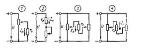Задача №1-39 из сборника Липатова <br /> В какой из цепей можно перемещением движков реостатов регулировать ток приемника энергий от Iп =  0 до Iп = ± U/rв