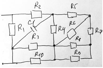 Найти значение эквивалентного сопротивления в Омах <br />C1 = 10 мкФ <br />R1 = R2 = R3 = R4 = 50 Ом <br />R5 = R6 = R7 = R8 = 100 Ом <br />R9 = 20 Ом <br />R10 = 25 Ом