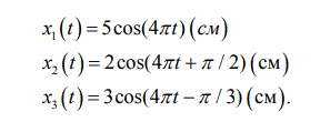 Изображение гармонического колебания на векторной диаграмме. Три тела совершают гармонические колебания с одной частотой вдоль оси ОХ. Уравнения движения тел <br /> Изобразите колебания на векторной диаграмме. 