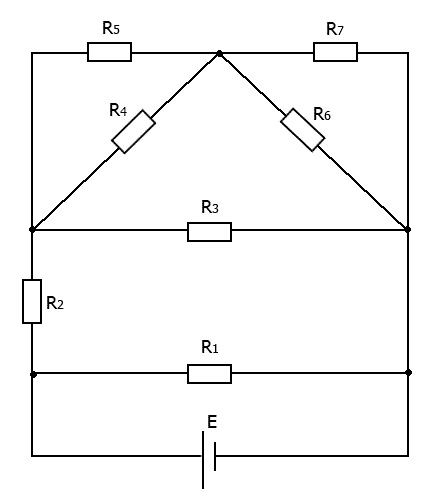 Дано: R1 = 3 Ом, R2 = 2 Ом, R3 = 20 Ом, R4 = 12 Ом, R5 = 4 Ом, R6 = 10 Ом, R7 = 2.5 Ом, R0 = 1 Ом <br />I4 = 1 A <br />Найти: ЭДС Е, U2, U4, U5, I0-I7
