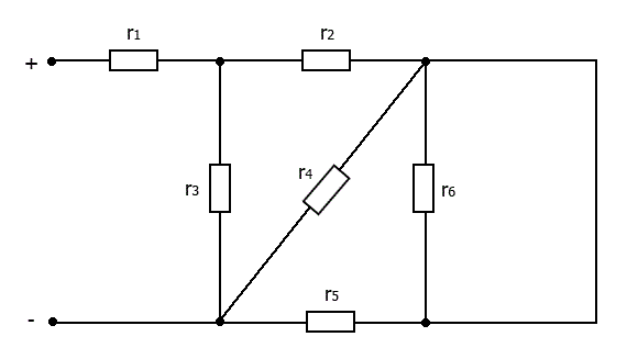 Дано: Uab = 80 В, R<sub>1</sub> = 4 Ом, R<sub>2</sub> = 5 Ом, R<sub>3</sub> = 3 Ом, R<sub>4</sub> = 20 Ом, R<sub>5</sub> = 6 Ом, R<sub>6</sub> = 6 Ом <br /> 1.	Найти общее сопротивление схемы относительно зажимов a-b <br /> 2.	Определить токи во всех ветвях.