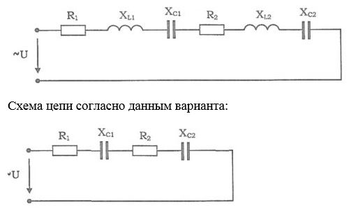 Задача №2<br /> Неразветвленная цепь переменного тока содержит последовательно соединенные активные, реактивные сопротивления. Величины сопротивлений заданы в таблице. <br />Определить: <br />1.	Полное сопротивление цепи <br />2.	Ток и напряжение, приложенное к цепи <br />3.	Активную, реактивную и полную мощность цепи <br />4.	Угол сдвига фаз <br />5.	Построить в масштабе векторную диаграмму   <br /><b>Вариант 13</b> <br />Дано:  R1= 4 Ом, R2 = 2 Ом XC1 = 4 Ом, XC2 = 4 Ом QC2 = -256 Вар