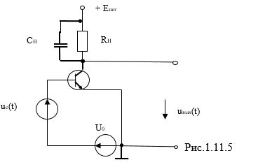 Проходная характеристика транзистора, работающего в схеме коллекторного детектора (рис. 1.11.5), аппроксимирована многочленом второй степени i<sub>k</sub>=a<sub>0</sub>+a1<sub>(</sub>u<sub>бэ</sub>+U<sub>0</sub>)+a2(u<sub>бэ</sub>+U<sub>0</sub>)<sup>2</sup>. На вход детектора подан сигнал uбэ (t)=U<sub>0</sub>+U<sub>m</sub> (1+M<sub>1</sub>cosΩ<sub>1</sub> t+M<sub>2</sub> cosΩ<sub>2</sub> t)cosω<sub>0</sub> t. Найдите переменную низкочастотную составляющую u<sub>вых нч</sub> (t) напряжения на выходе детектора