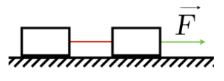 По гладкой горизонтальной поверхности под действием силы F движутся одинаковые бруски, связанные нитью так, как показано на рисунке. Если на каждый брусок положить еще один такой же, то сила натяжения нити между брусками <br /> 1 не изменится <br /> 2 уменьшится в 2 раза<br /> 3 увеличится в 1,5 раза <br /> 4 уменьшится в 1,5 раза